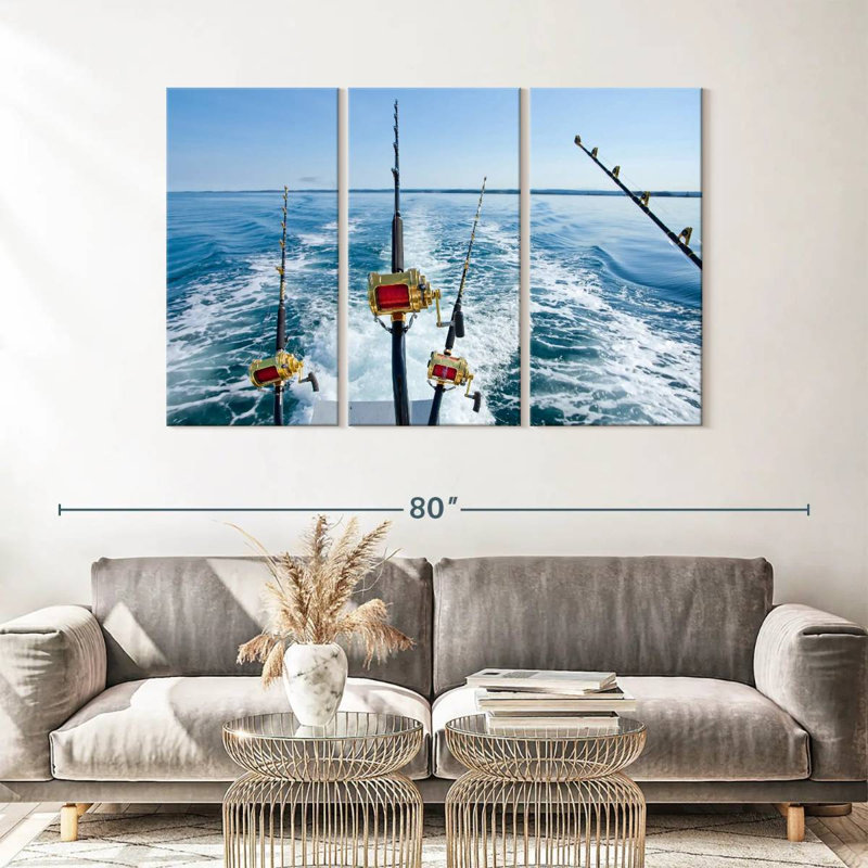 Ensemble de 3 pièces de pêche au gros sur toile, H 36 po x l 57 po x P 1,25 po