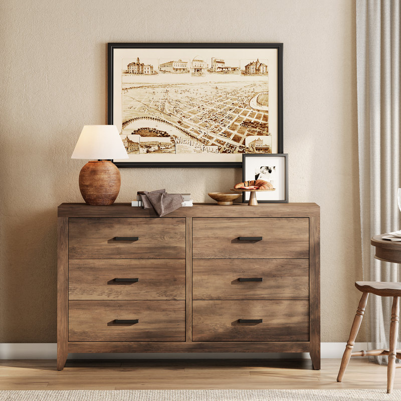Rustic Brown 6 Drawers Double Dresser, Dark Brown