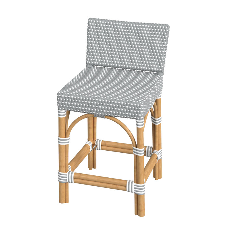 Serienna Blue & White Rattan Low Back Counter Stool, Counter Stool 24" Seat Height, Gray/White Dot