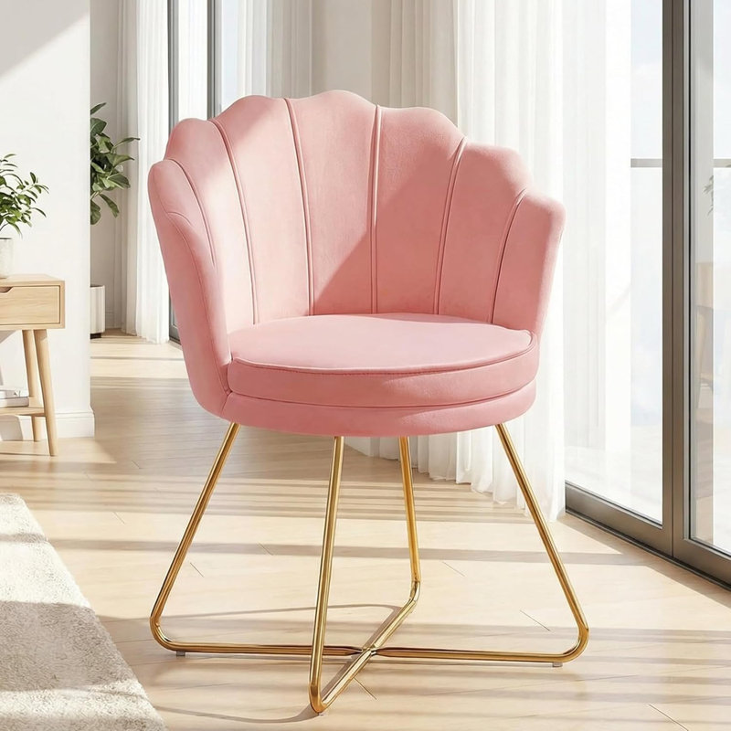 25" Wide Modern Upholstered Accent Chair Barrel Chair with Gold Metal Legs, Pink Velvet