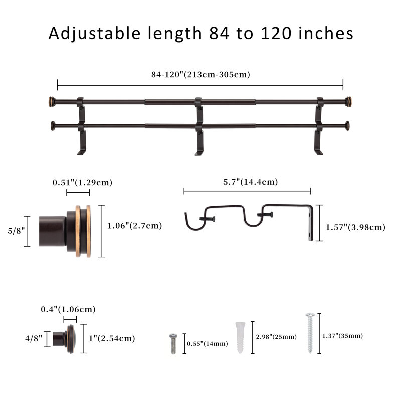 Kynley Steel Adjustable Double Curtain Rod, Bronze, 84" - 120"
