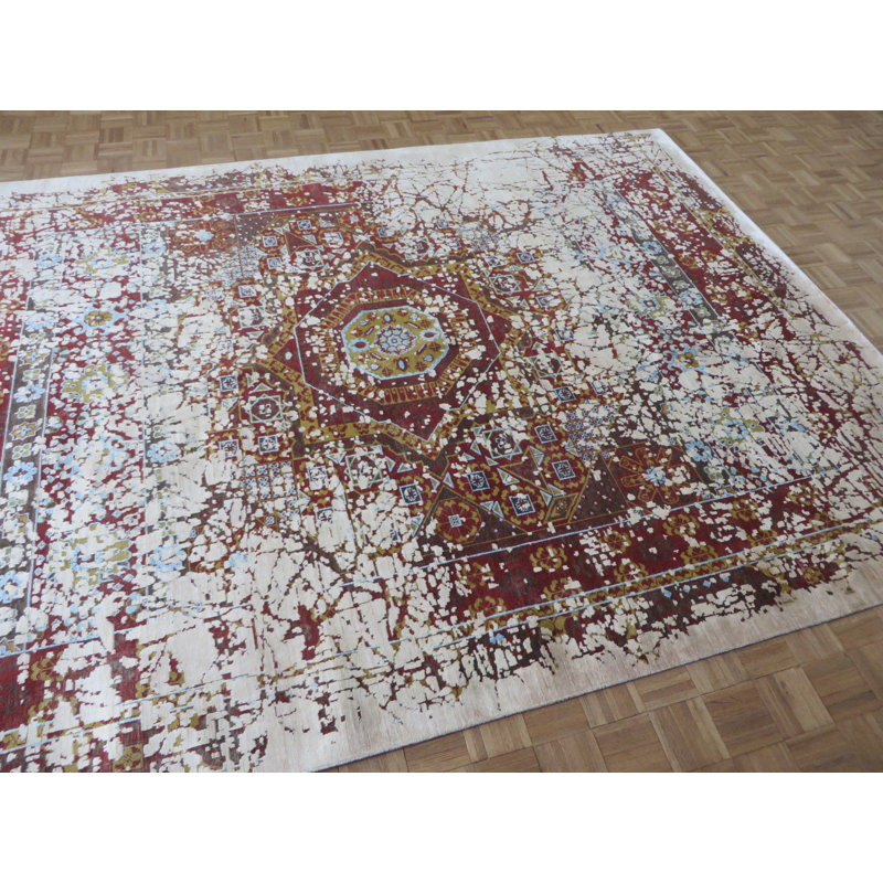 Tapis à main one-of-kind-noué la rouge/brun/ivoire 8 pi 10 po x 11 pi 11" zone rectangulaire Doyle