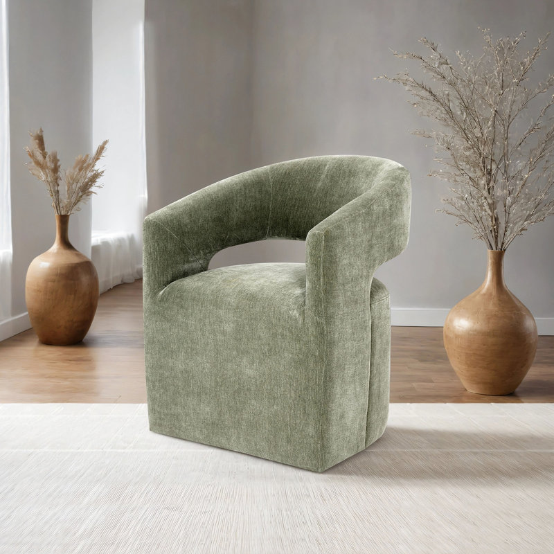 Fauteuil contemporain avec roulettes et dossier design, revêtement en tissu texturé neutre, rembourrage en mousse souple, structure en bois d'ingénierie massive, entièrement rembourré, intégré, base piédestal sculptée.
