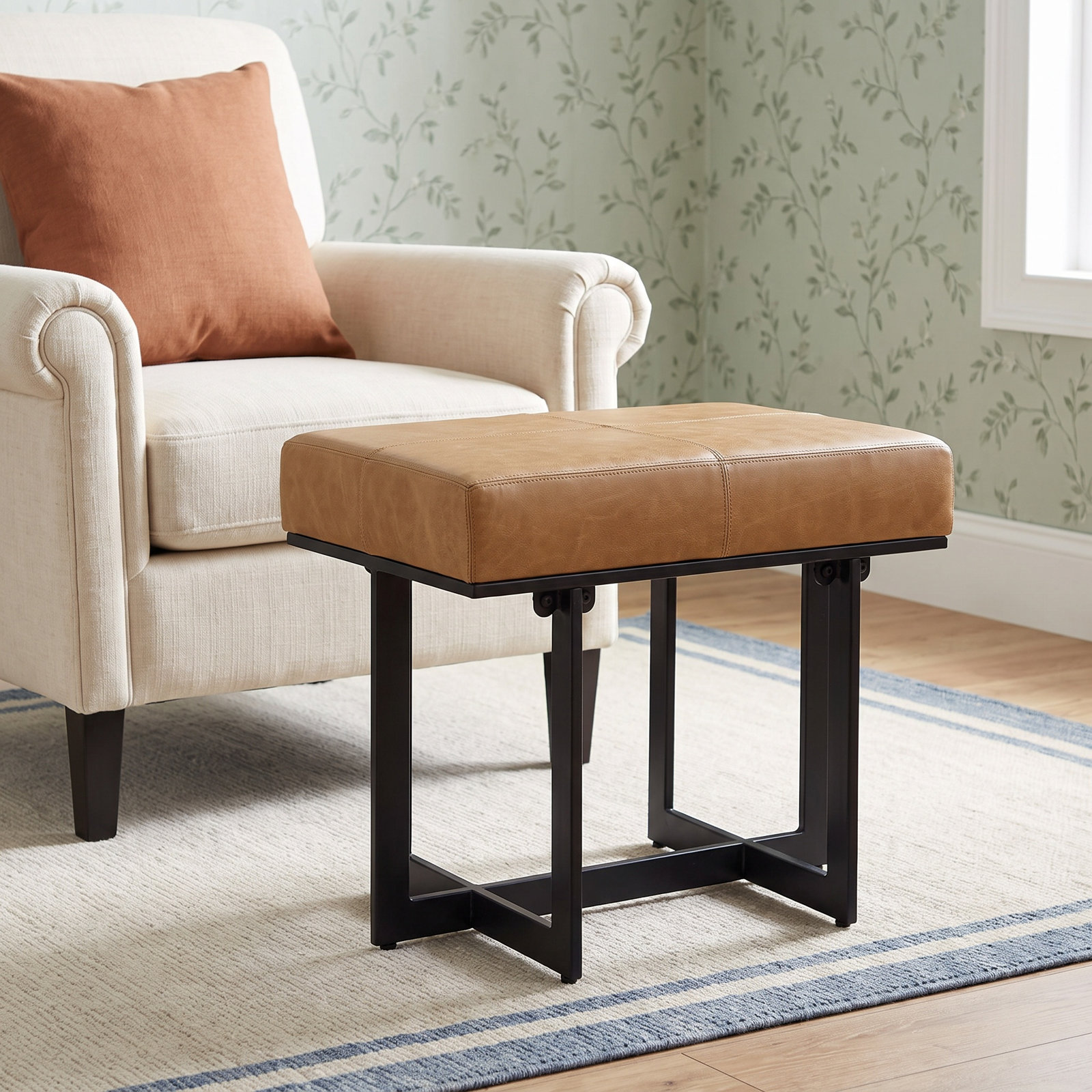 Calvin Leather Accent Stool, Brown