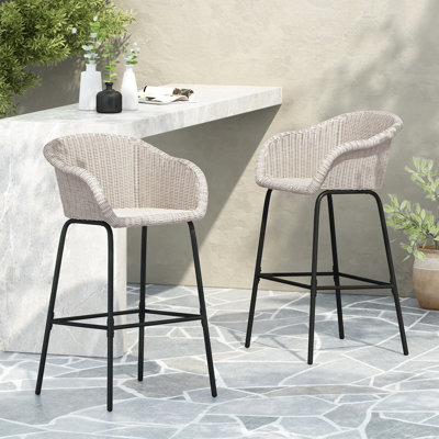Extérieur en métal de 2 pièces, faux gris avec motif tout-en-un, motif de panier tissé, siège de 29,50 po pour les surfaces de bar, structure structurelle en fer noir, 12,50 pieds de posture décontractée, 400