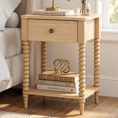 Table de chevet traditionnelle Whitby avec 1 tiroir, tablette de rangement inférieure et pieds tournés, bois naturel