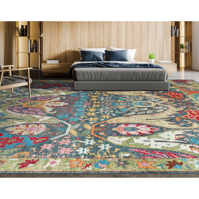 Hand Knotted Wool Area Rug in Dark Gray/Green/Red/Blue, Rectangle 9' x 12'