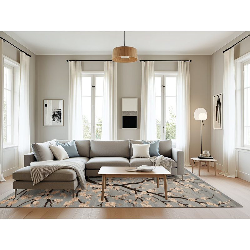 Tapis gris botanique lavable à la machine, Rectangle 8 pi x 12 pi