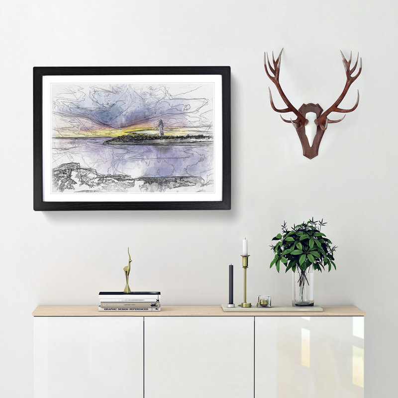 Remote Lighthouse & Seascape Sketch - Picture Frame Graphic Art Print, Black Framed, 40cm H x 60cm W x 2cm D