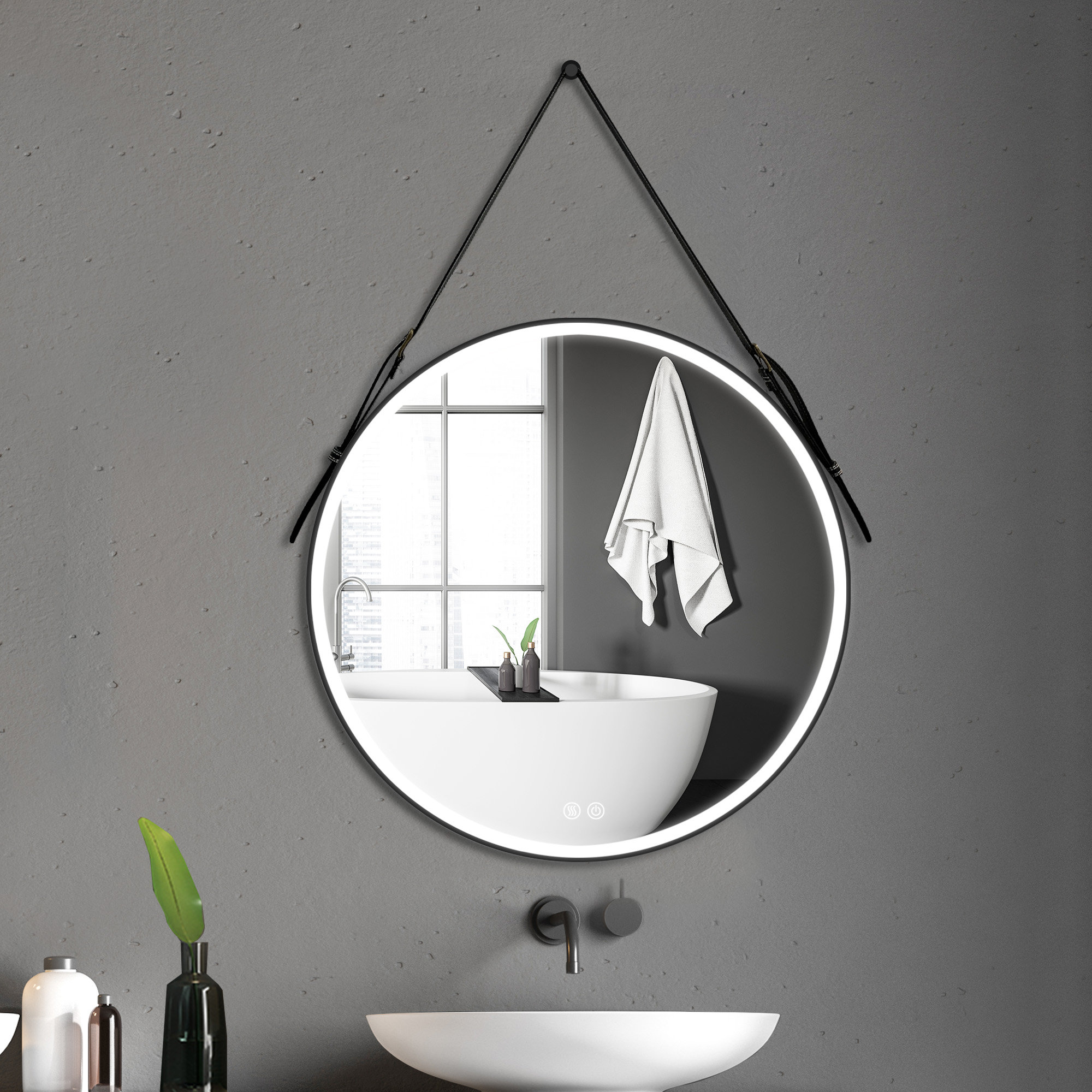 Latitude Run® Vuturica Black Round LED Bathroom Mirror with Strap Anti ...