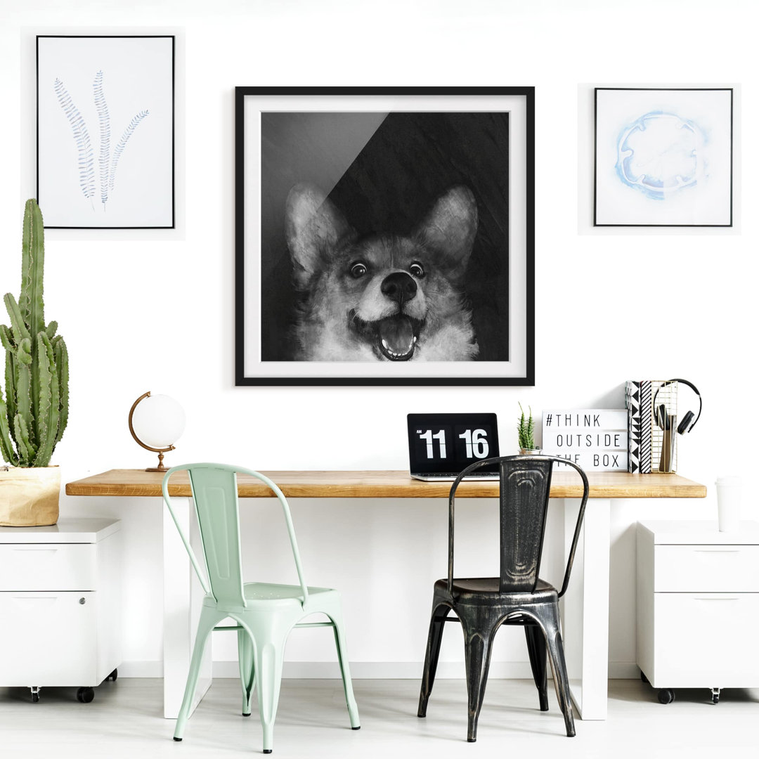 Gerahmtes Poster Illustration Dog Corgi in Schwarz/Weiß