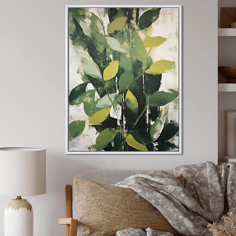 Abstrait, plantes vertes, minimalisme, collage rétro I, H 44 po x l 34 po x P 1,5 po, Cadre flottant blanc