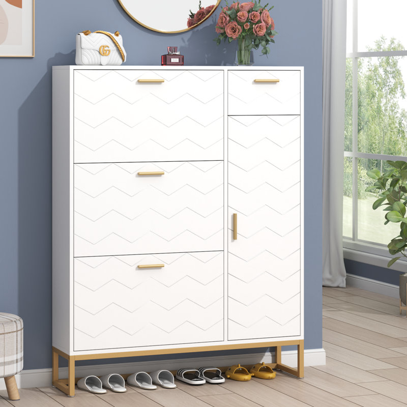 White MDF Shoe Storage Cabinet with Gold Metal Handles
