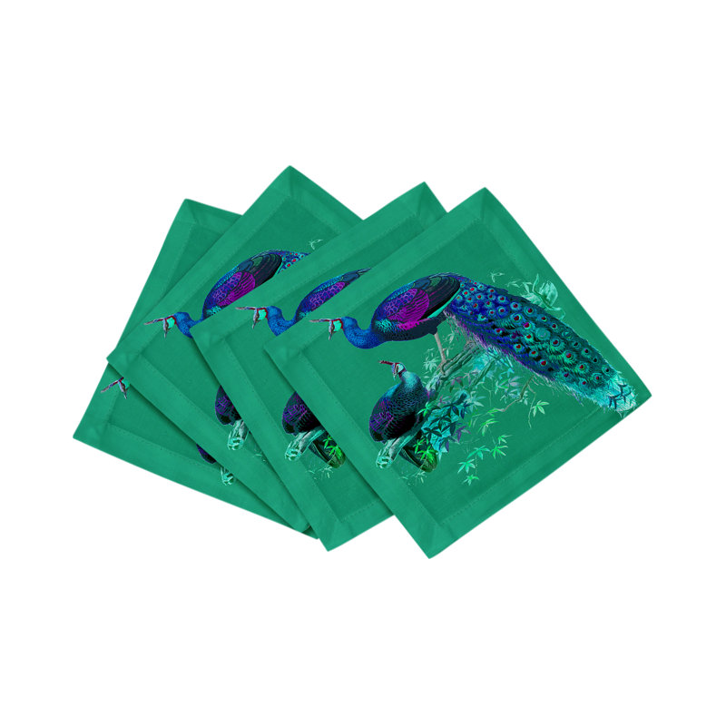 Family Pheasants Cotton Sateen Cocktail Napkins, Peacock