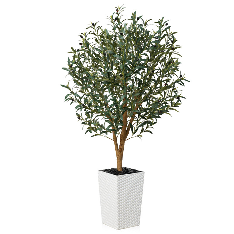 Adcock Artificial Olive Tree with Decorative Pot, UV Resistant Faux Olive Tree with Natural Trunk, White