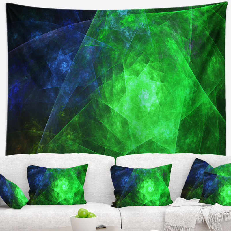 Tapisserie polyèdre abstrait vert abstrait, H 32 po x l 39 po