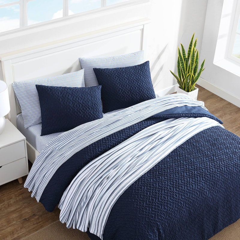 MF Point Harbour Nautica Embossed Navy Comforter Set, King Comforter + 2 King Shams, Navy