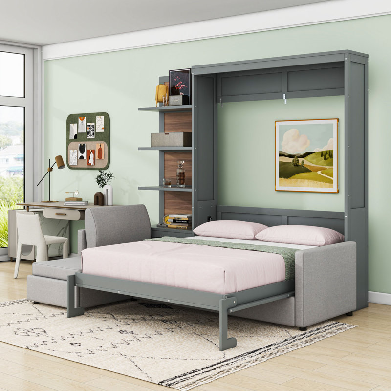 Grand lit escamotable avec canapé et tablettes, Gris