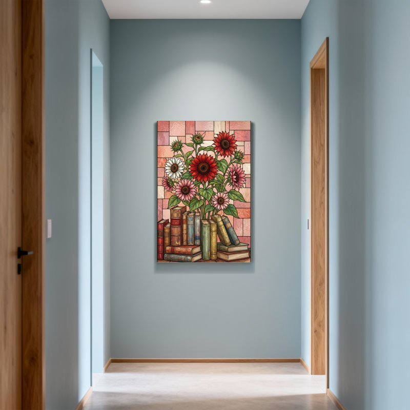 Plantes et fleurs, tournesols, livres, brique, impression sur toile, H 18 po x l 12 po