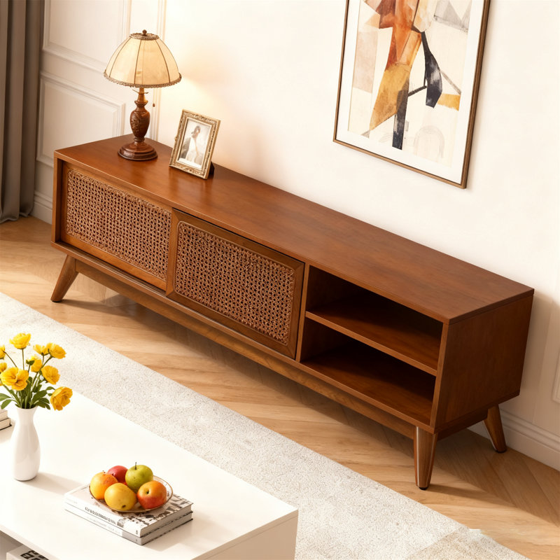 Mid-Century Rattan TV Stand For 65 Inch TV, 59" Modern Media Console With Sliding Doors And Solid Wood Legs For Living Room