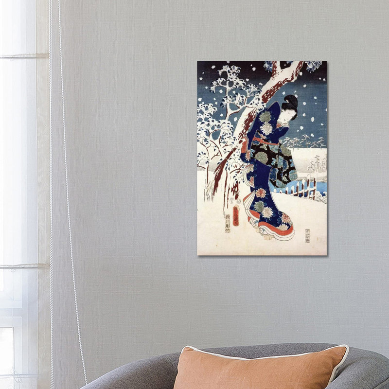 Snow Scene in the Garden of a Daimyo, Part of Triptych 1 Piece Wrapped Canvas Painting