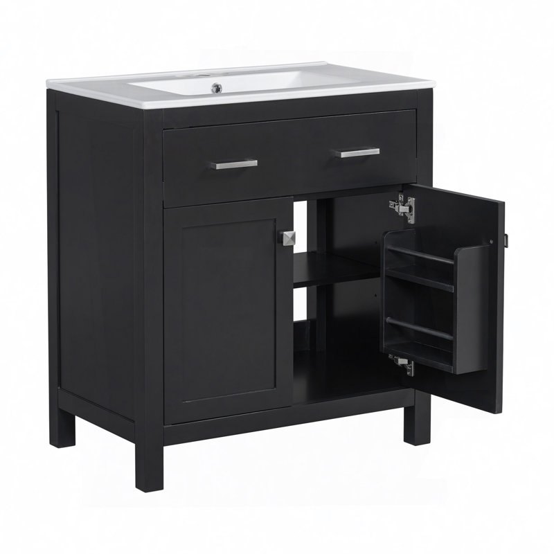 Meuble-lavabo de salle de bain avec lavabo en céramique, armoire de salle de bain simple moderne avec 2 portes et une tablette, portes à fermeture en douceur