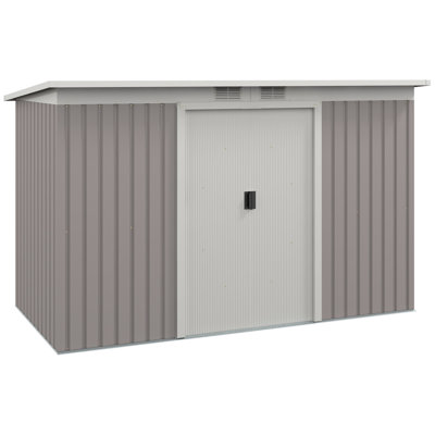 Outsunny 9ft x 4ft Metal Garden Shed, Outdoor Tool House with Foundation Kit, Ventilations and Double Doors, Dark Grey