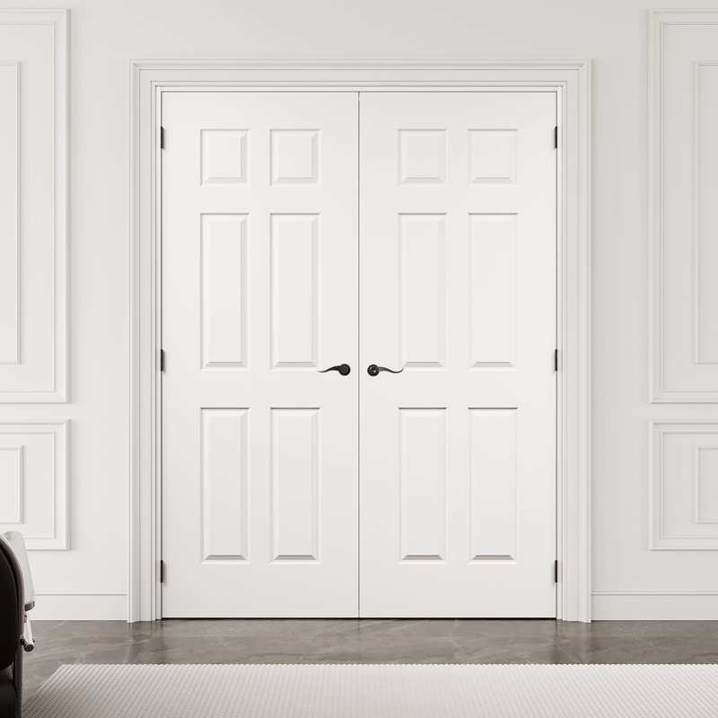 Porte française intérieure moulée 6 panneaux 60 po x 80 po avec quincaillerie noire et loquet de porte, 60 po x 80 po