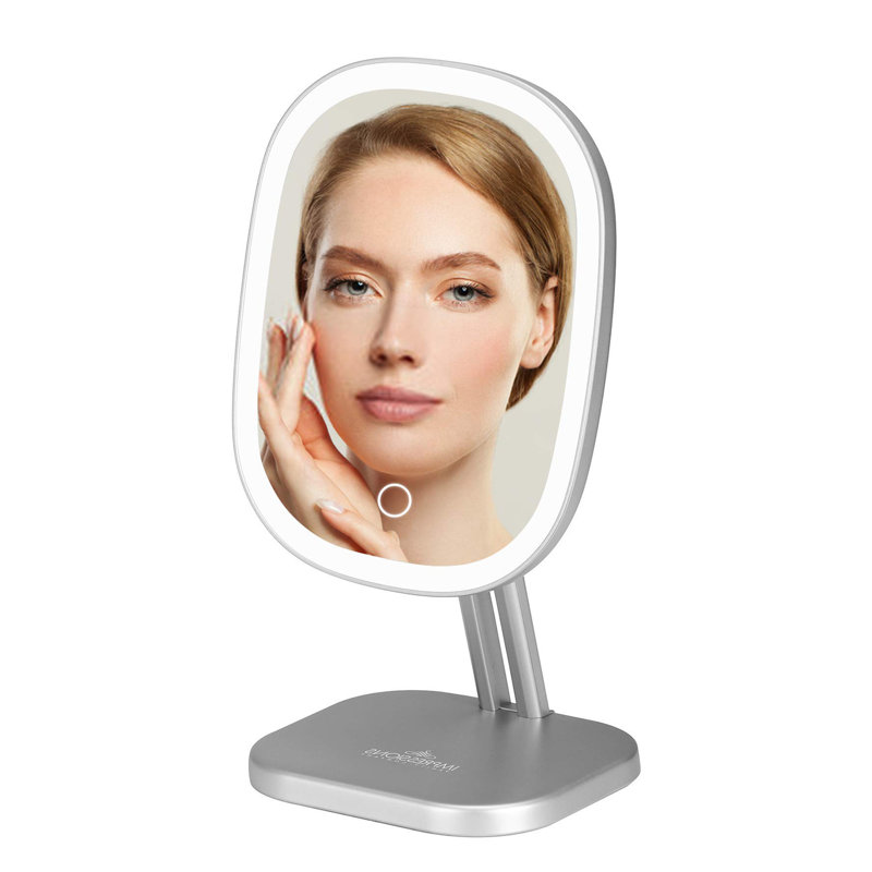 Miroir de maquillage tactile avec lumière DEL et base amovible, système d'alimentation double, capteur tactile, Argent