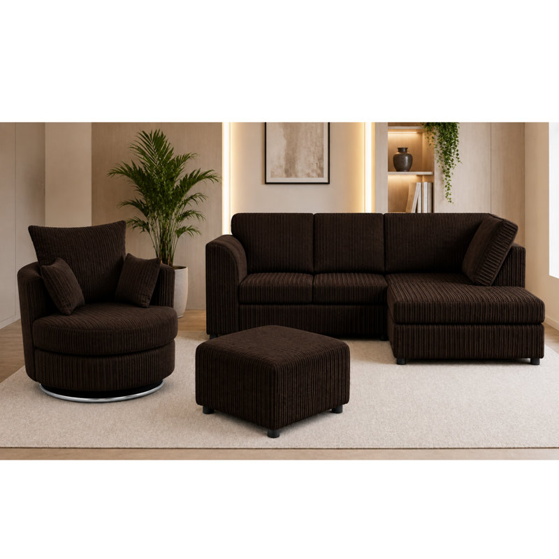 4 Seater Corduroy Sofa & Chaise, Chocolate