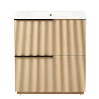 Meuble-lavabo de 30 po avec tiroirs à extension lisse, glissières encastrées à fermeture en douceur et conception cannelée pour un décor minimaliste épuré 30 po avec lavabo en céramique, tiroir élégant et pratique