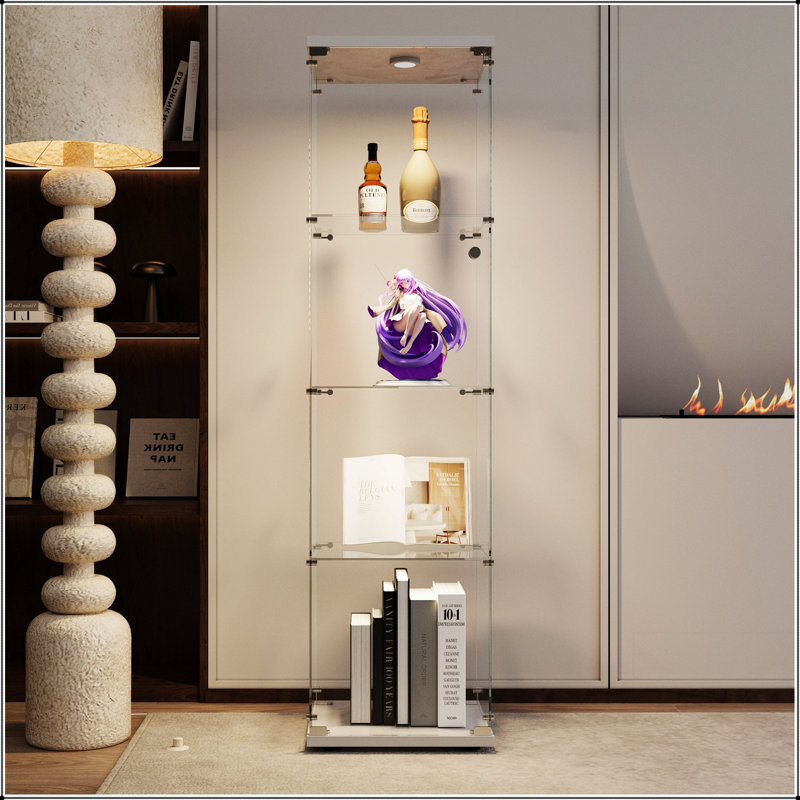 Tempered Glass Display Cabinet With Battery-Powered Light And Adjustable Feet, Ideal For Secure Storage And Elegant Display
