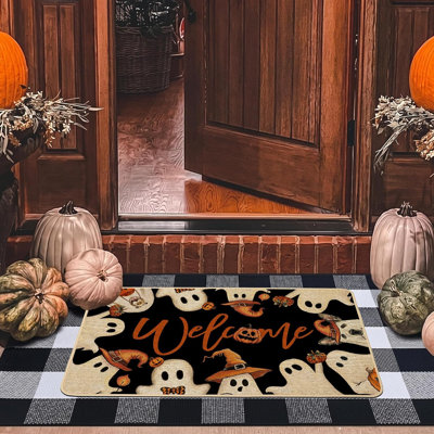 Tapis de porte d'Halloween fantôme citrouille fantasmagorique noir paillasson décoratif d'entrée tapis d'entrée intérieur antidérapant support en caoutchouc saisonnier entrée de cuisine 17 po x 29 po