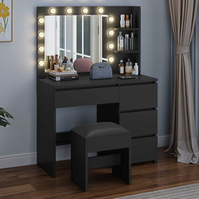 4-Drawer Makeup Vanity Table,Black Dressing Table with Mirror