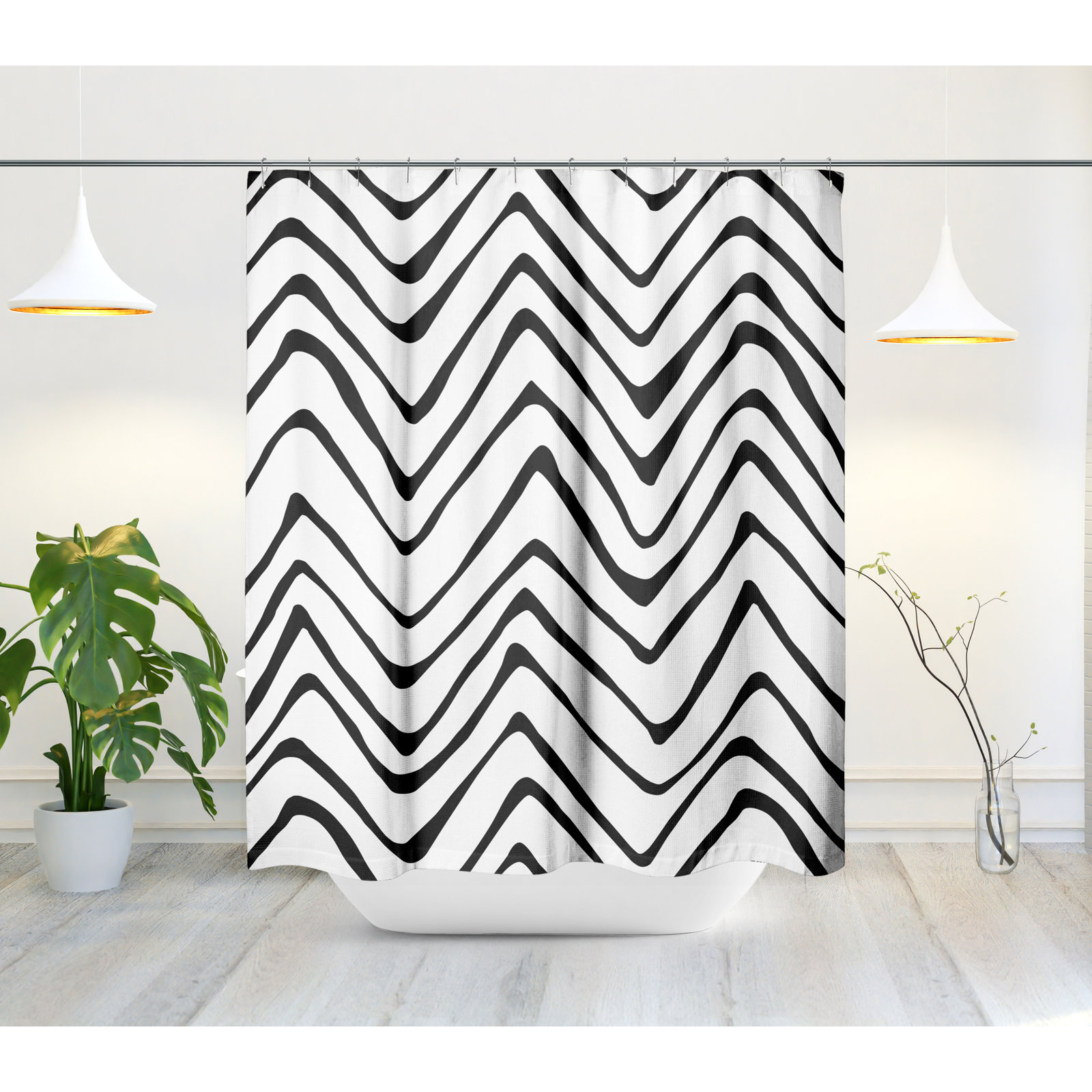 Polyester Shower Curtain, White/Black