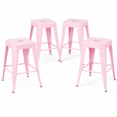 24 Inch Counter Height Stool, Backless Metal Bar Stools Set Of 4, Non-Stackable, Detachable & Easy Assembly, Space-Saving Design For Kitchen Island/Bar/Café/Dining Room (Pink)