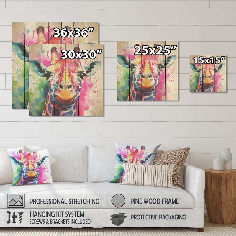Coloré girafe majestueuse colorée - girafe sur bois, H 15 po x l 15 po