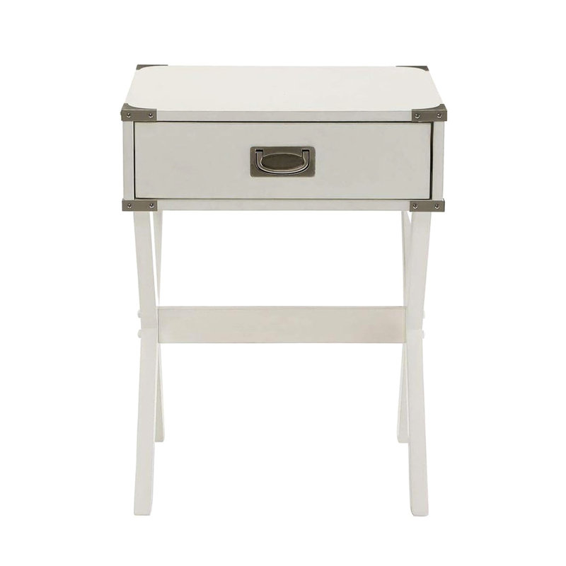 Table d'appoint carrée blanche Kd, coins en métal, plateau en bois, base en X, barre transversale, tiroir de H 15 po x 9 po, plateau coulissant, support en forme de barre transversale, 15 po x 9 po x 3 po