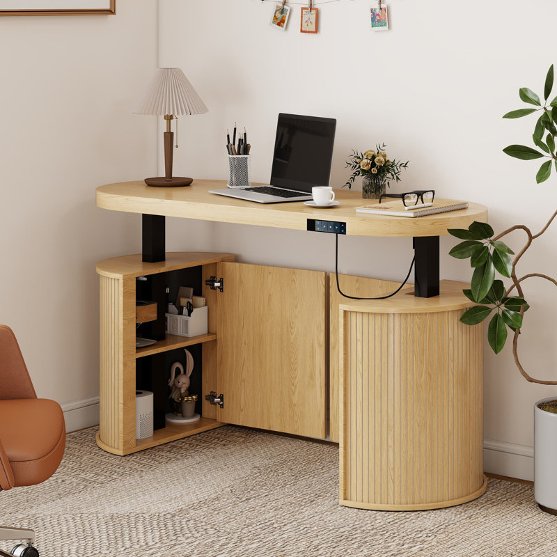 55.1 Inch Wide Electric Standing Desk with Storage, Home Office Height Adjustable Standing Desk with Cabinet, Wood