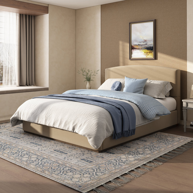 Modern Contemporary Velvet Upholstered Platform Bed with Curved Headboard and Solid Wood Base, Queen
