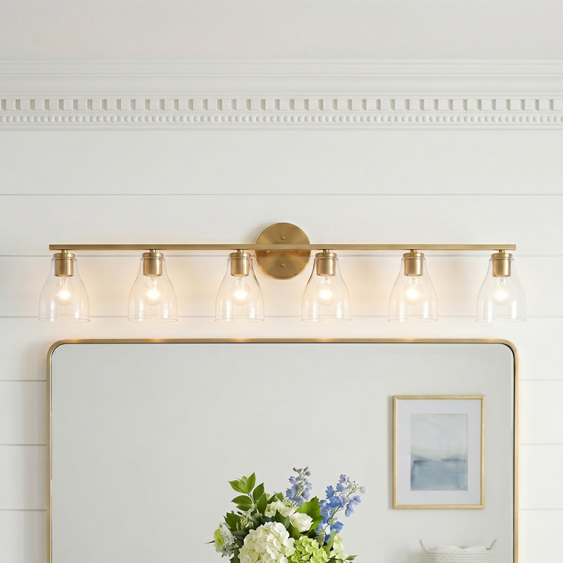 Éclairage pour meuble-lavabo à intensité variable Keston, H 10 po x l 49,5 po x P 6,5 po, Laiton brossé, Six lumières