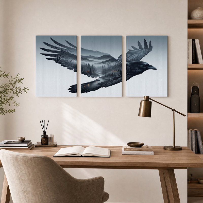 Ensemble de 3 toiles murales « Corbeau à double exposition : forêt brumeuse et rivière », H 30 po x l 20 po x 3 pièces