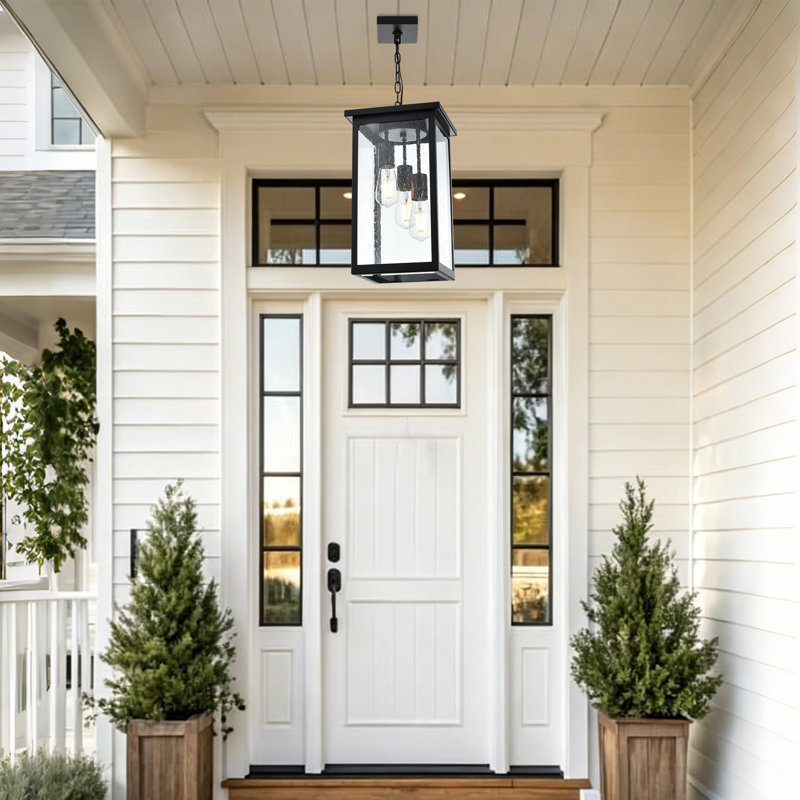3-Light Black Outdoor Pendant Light, IP44 Waterproof Exterior Hanging Lantern, Adjustable Chain Porch Ceiling Light Fixture With Tempered Seeded Glass, E26 Base Outdoor Chandelier For Front Door Patio Porch Garage