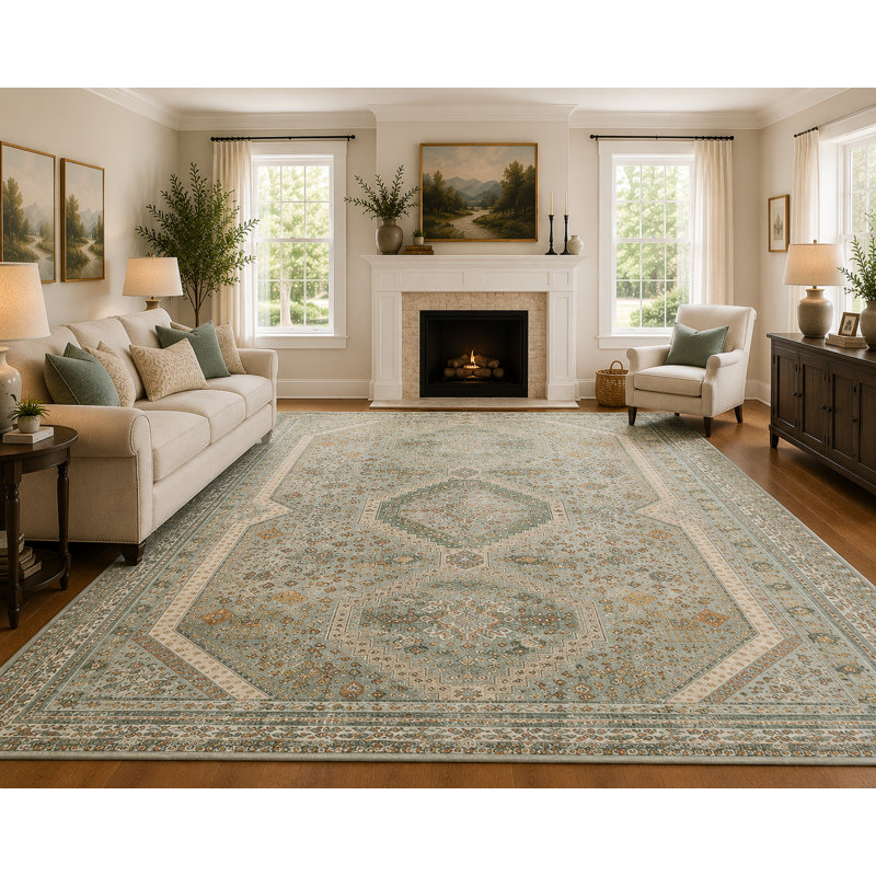 Medallia Geometric Diamond Medallion Sage / Beige Indoor Oriental Performance Area Rug,Machine Washable,with Non-Slip Backing