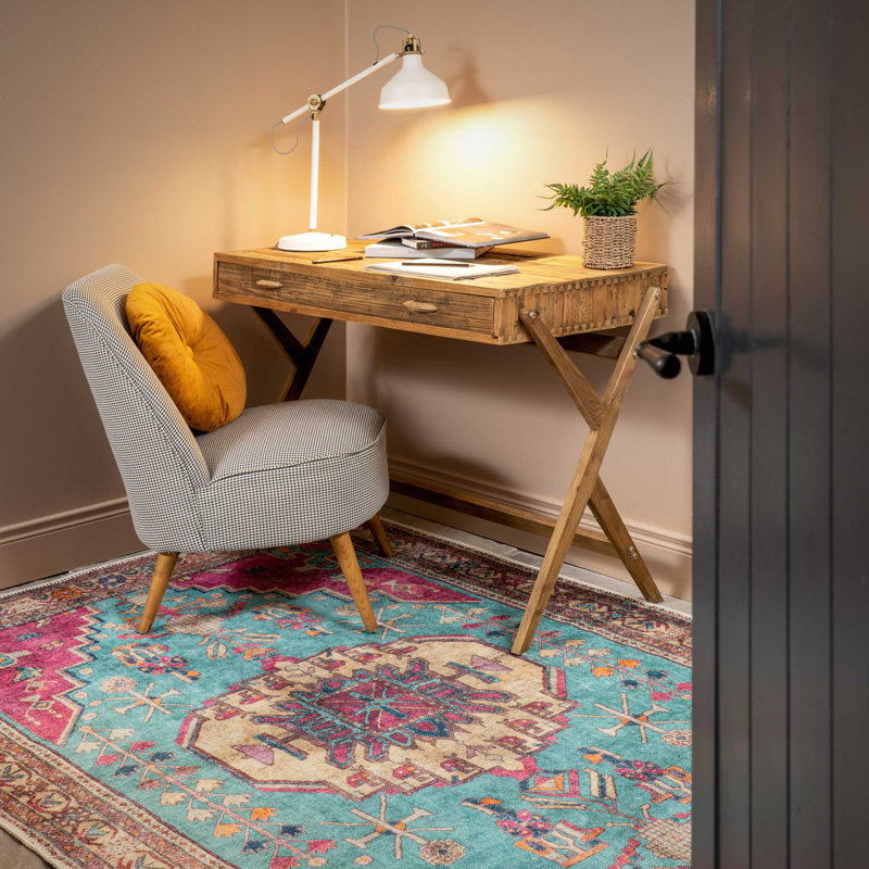 Machine Washable Teal Pink Contemporary Maximalist Distressed Living Room Area Rug, Rectangle 200 x 290cm