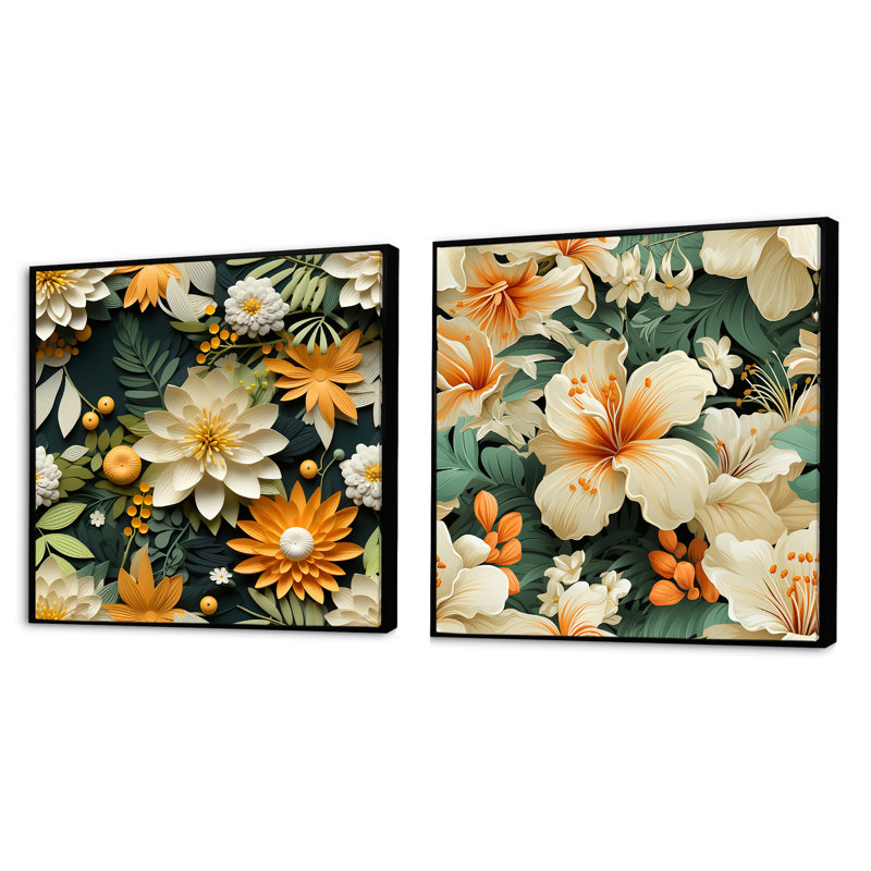 Socorro - Ensemble de 2 collages floraux carrés, Cadre flottant noir, H 16 po x l 33 po