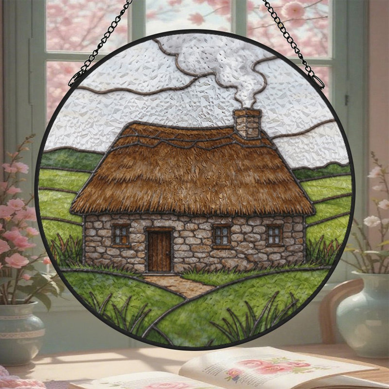 Vitrail Cabin_1 panneaux vitrail Suncatcher pour décor de fenêtre, 7.8x7.8in(20x20cm)
