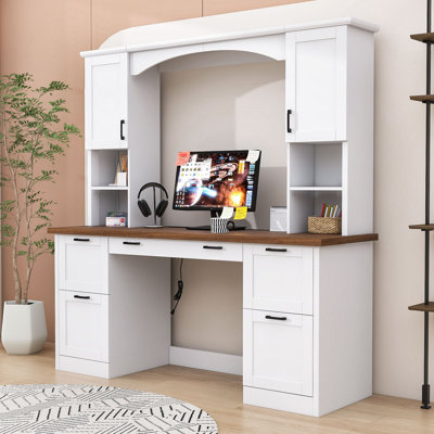 Arched Computer Desk with Hutch, Home Office Workstation with Charging Station, File Drawer & Keyboard Tray