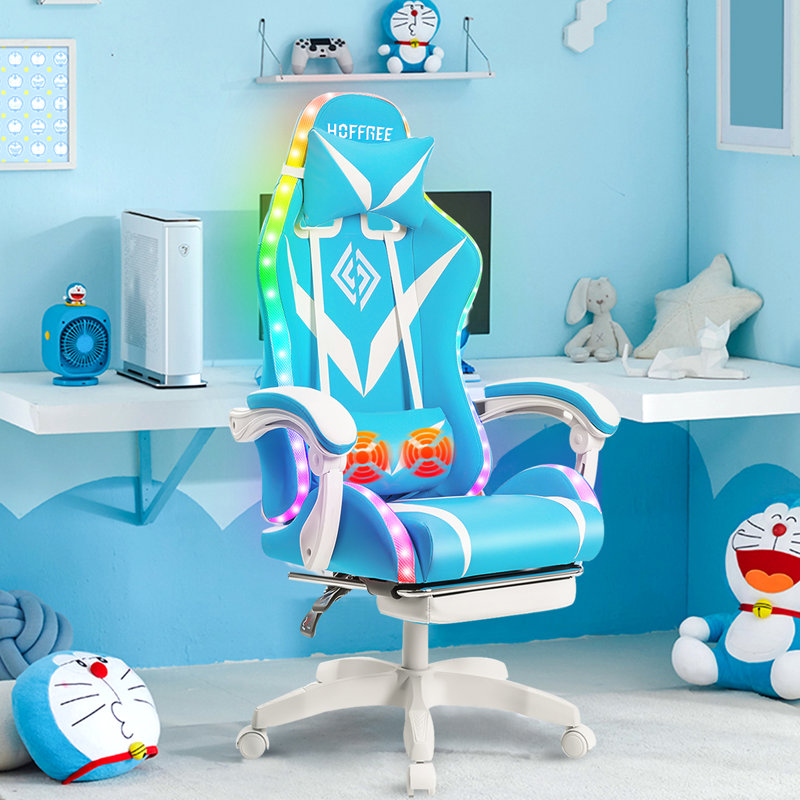 Ergonomic  LED Gaming Chair with Massage Lumbar Pillow, Blue/White