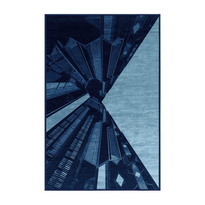 Soft Plush Beecher Lagos Skyline Modern & Contemporary Geometric Area Rug in Blue – Navy Binding